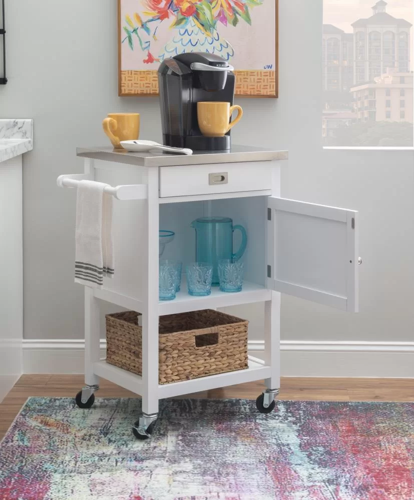 Linon White Wood Base with Stainless Steel Metal Top Rolling Kitchen Cart (25.5-in x 18-in x 36-in) - Image 16