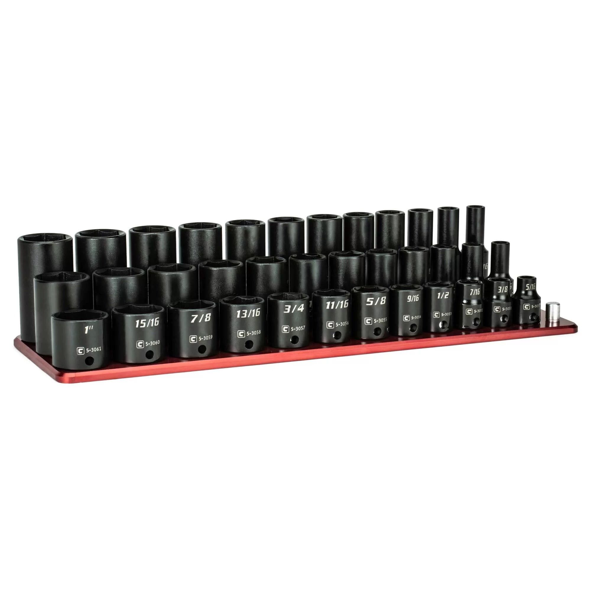 Capri Tools 3/8-in Drive Shallow, Semi-Deep and Deep Impact Socket Set, SAE, 5/16 to 1-in, 36-Piece with Billet Aluminum Socket Rail