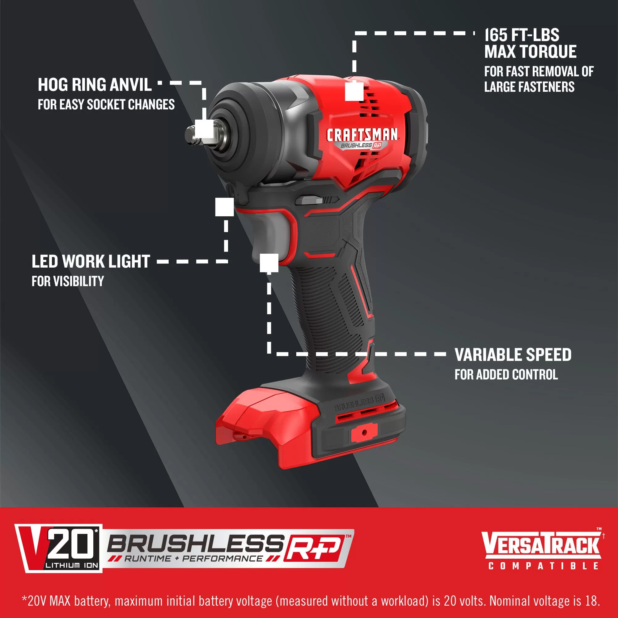 CRAFTSMAN V20 RP 20-volt Max Variable Speed Brushless 3/8-in Drive Cordless Impact Wrench (Tool only) - Image 2