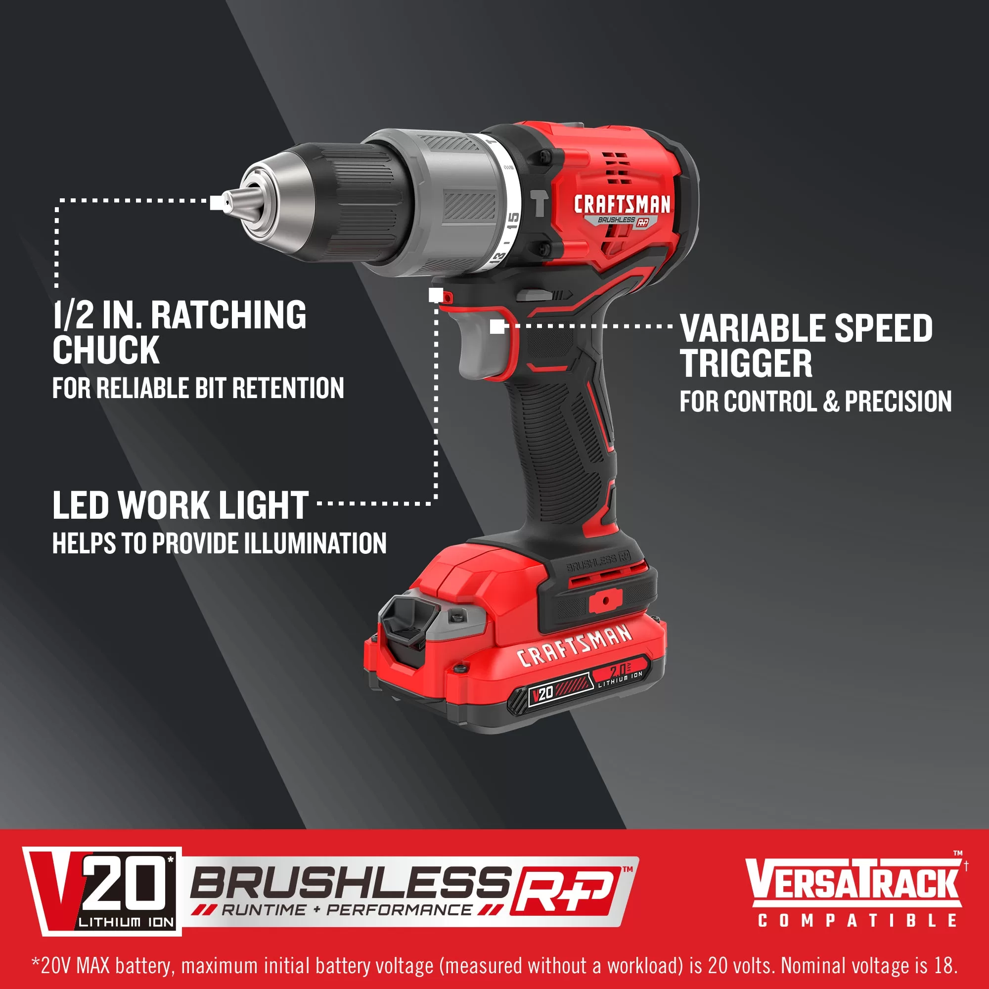 CRAFTSMAN V20 RP 1/2-in 20-volt Max-Amp Variable Speed Brushless Cordless Hammer Drill (2-Batteries Included) - Image 2