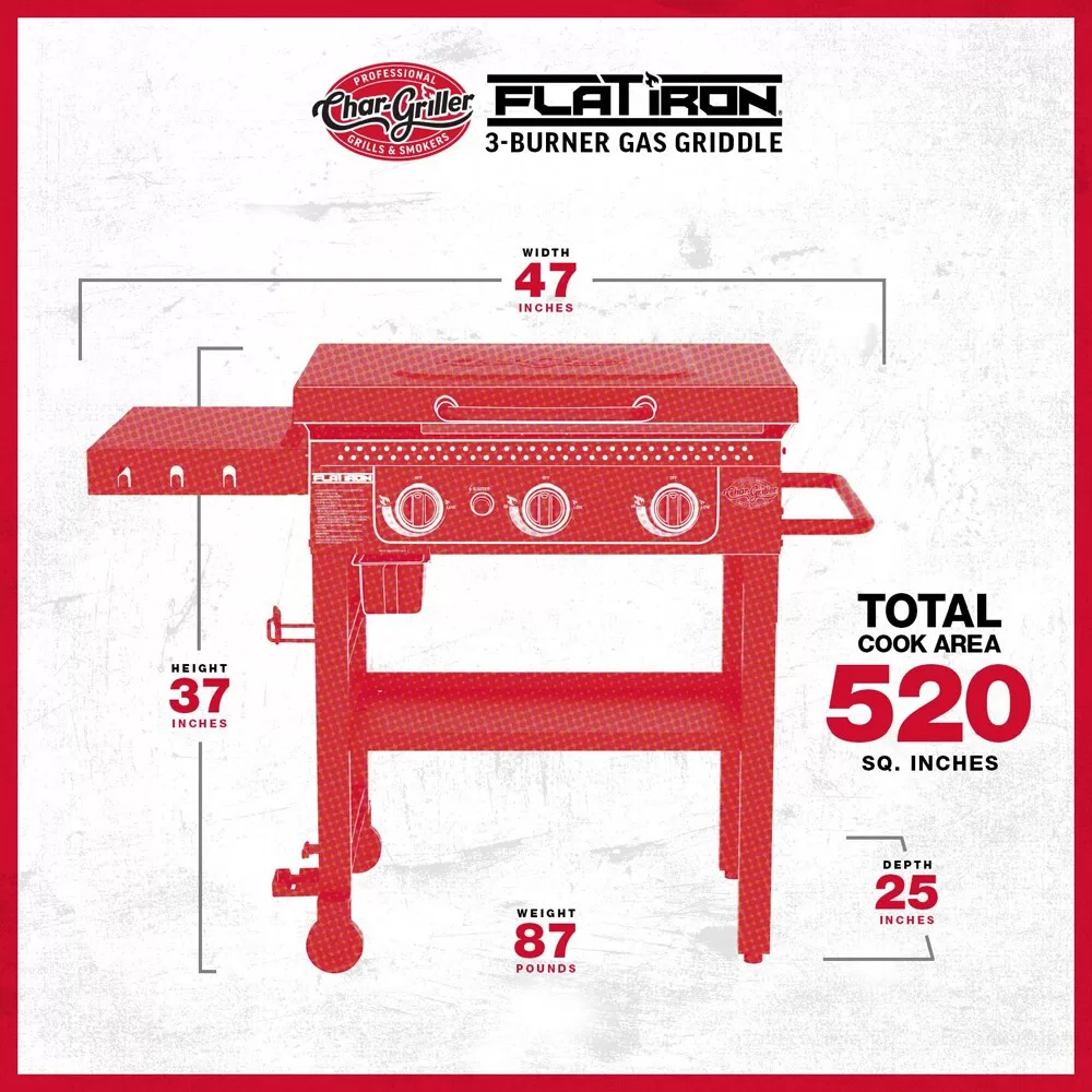 Char-Griller Flat Iron 3-Burner Griddle 3-Burner Liquid Propane Flat Top Grill - Image 15