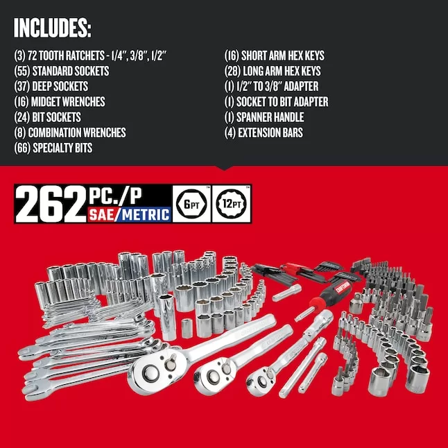 CRAFTSMAN CMMT45307 262-Piece Standard (SAE) and Metric Combination Polished Chrome Mechanics Tool Set (1/4-in; 3/8-in; 1/2-in;) - Image 3