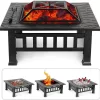 Ash Fire Pit - Square Outdoor Wood Burning and Grill for Camping and Picnic - Portable Steel Frame with Legs, Mesh Cover, Poker - Bonfire and Cooking in The Patio, Deck, Garden, Backyard