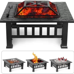 Ash Fire Pit - Square Outdoor Wood Burning and Grill for Camping and Picnic - Portable Steel Frame with Legs, Mesh Cover, Poker - Bonfire and Cooking in The Patio, Deck, Garden, Backyard