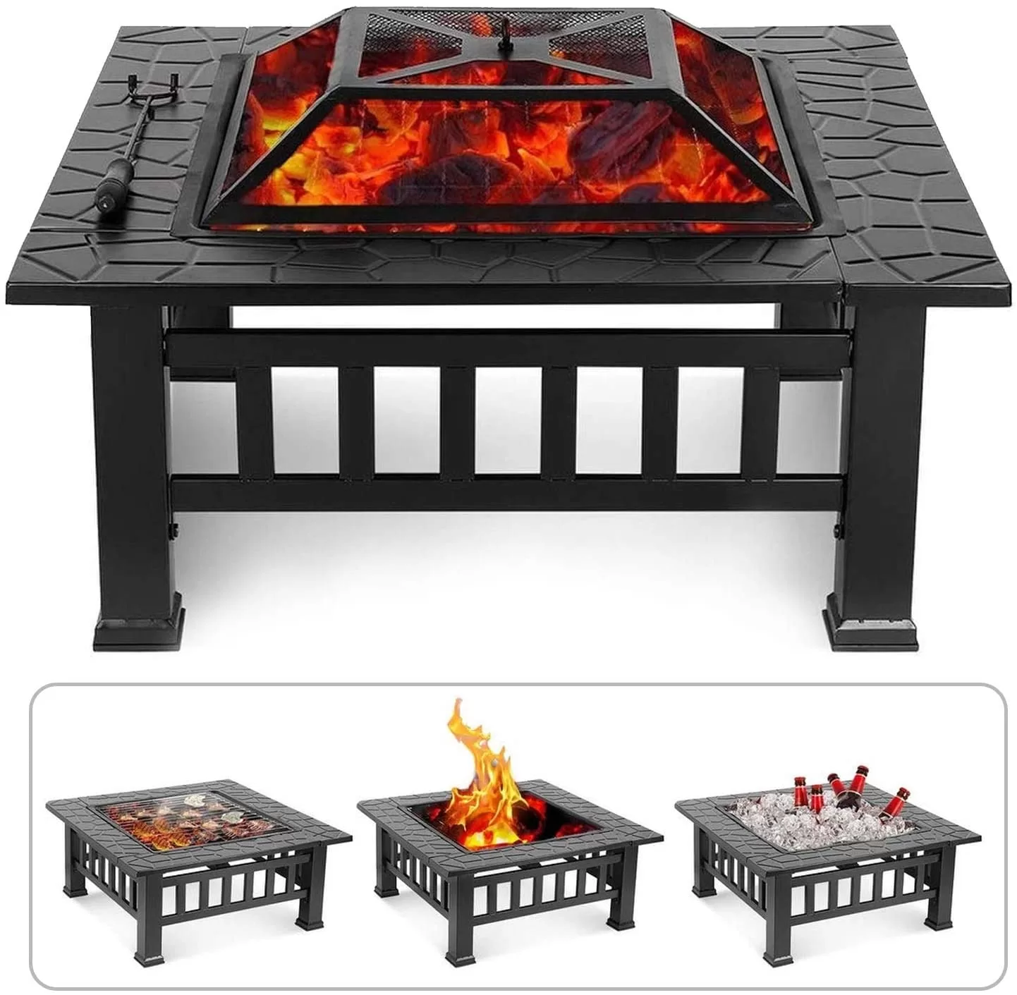 Ash Fire Pit - Square Outdoor Wood Burning and Grill for Camping and Picnic - Portable Steel Frame with Legs, Mesh Cover, Poker - Bonfire and Cooking in The Patio, Deck, Garden, Backyard