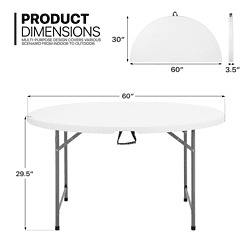 MoNiBloom 5 foot Bi-Fold Plastic Table, Foldable Round Indoor Outdoor Desk for Kitchen Party Wedding, White