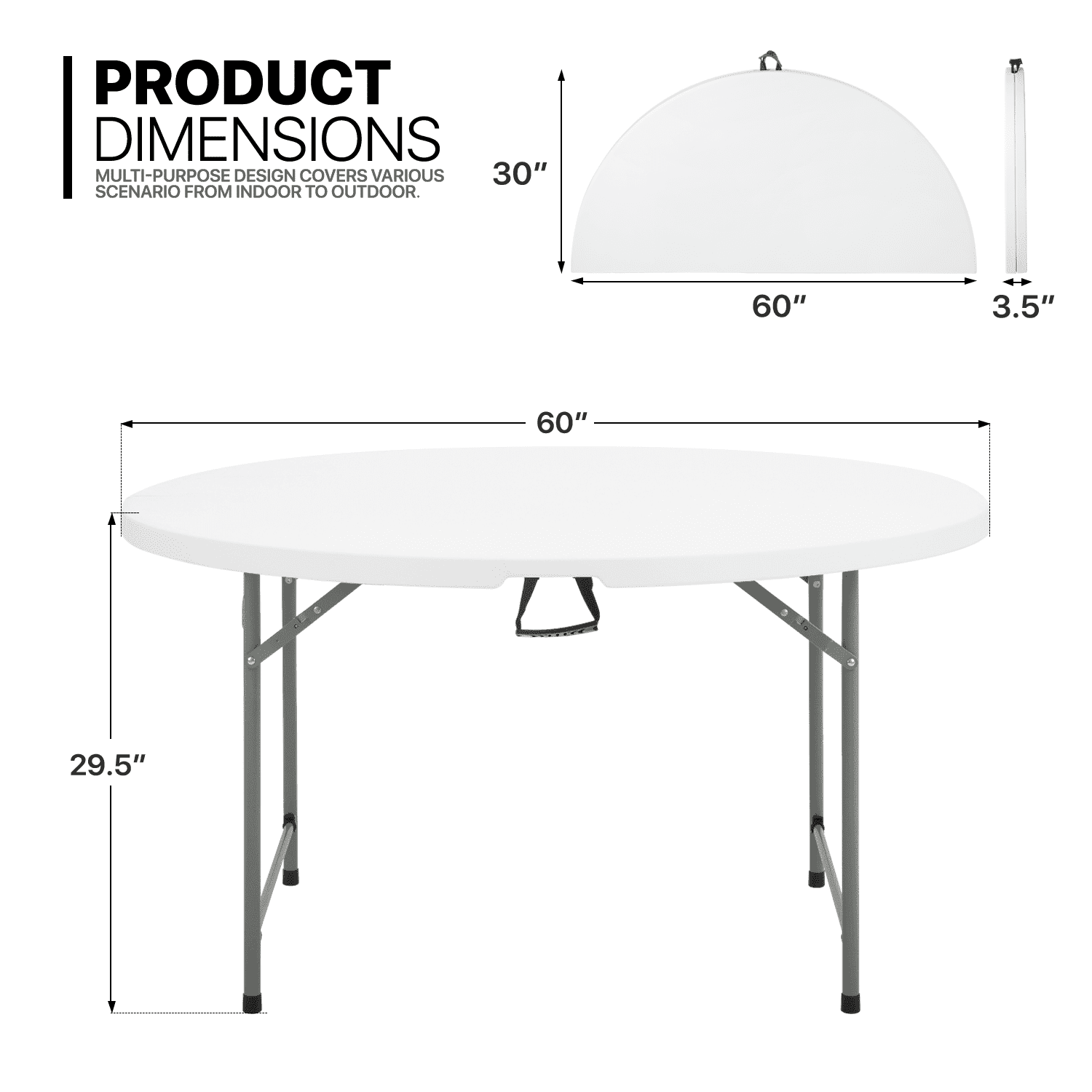 MoNiBloom 5 foot Bi-Fold Plastic Table, Foldable Round Indoor Outdoor Desk for Kitchen Party Wedding, White