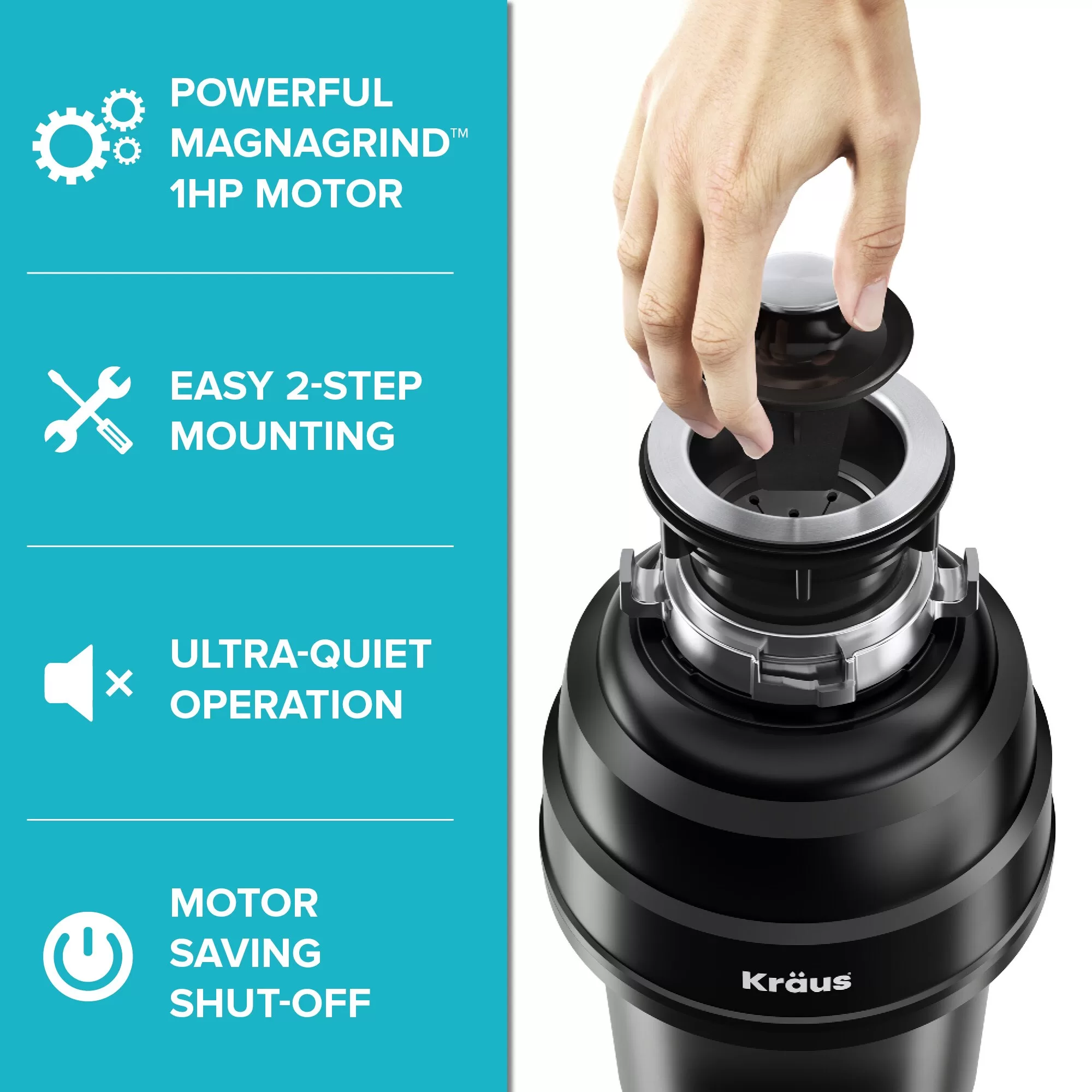 Kraus KWD100-100MBL WasteGuard Corded 1-HP Continuous Feed Noise Insulation Garbage Disposal - Image 2