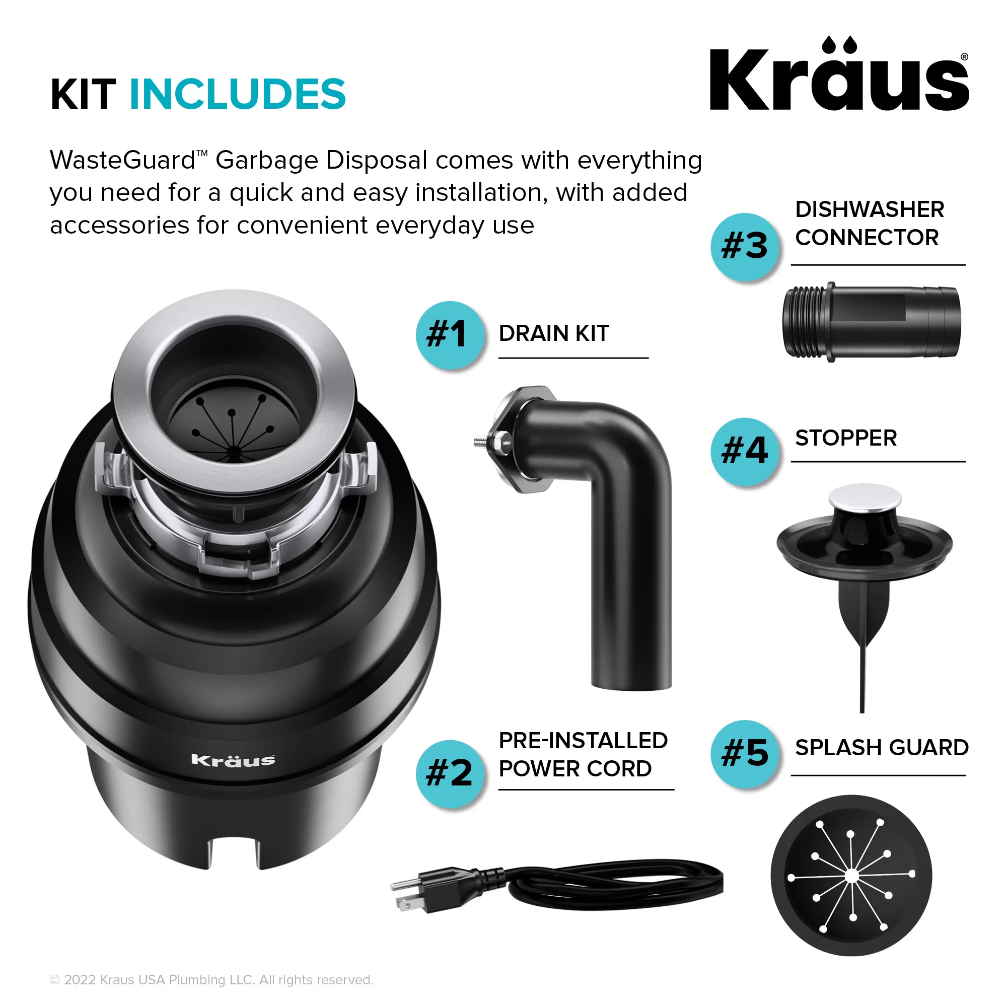 Kraus KWD100-100MBL WasteGuard Corded 1-HP Continuous Feed Noise Insulation Garbage Disposal - Image 3