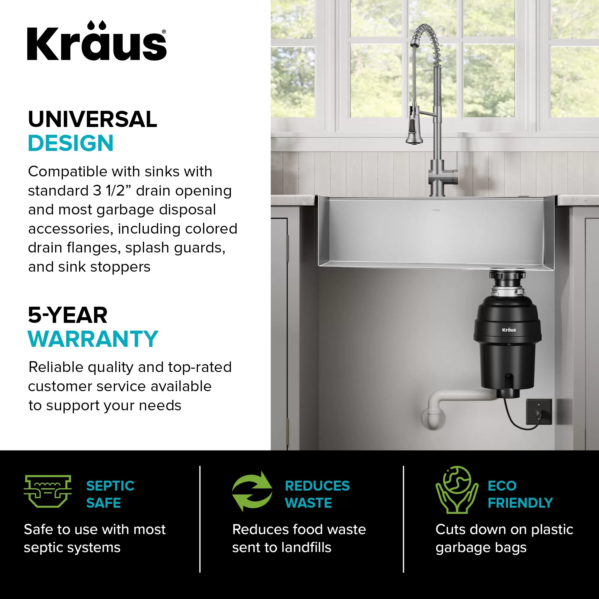Kraus KWD100-100MBL WasteGuard Corded 1-HP Continuous Feed Noise Insulation Garbage Disposal - Image 13