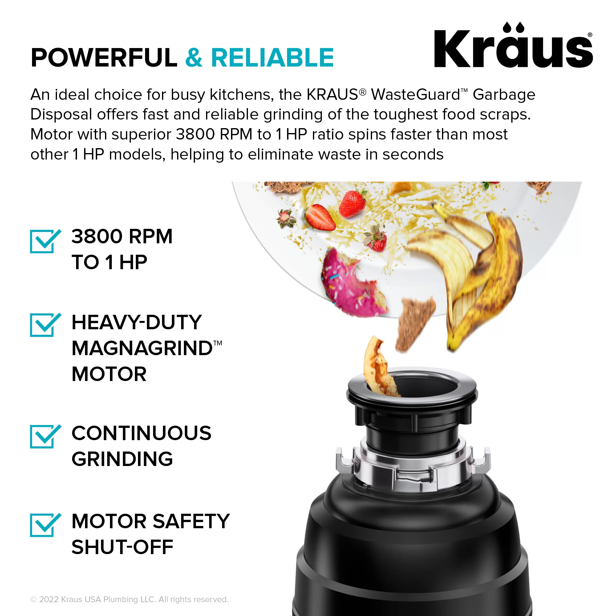 Kraus KWD100-100MBL WasteGuard Corded 1-HP Continuous Feed Noise Insulation Garbage Disposal - Image 5