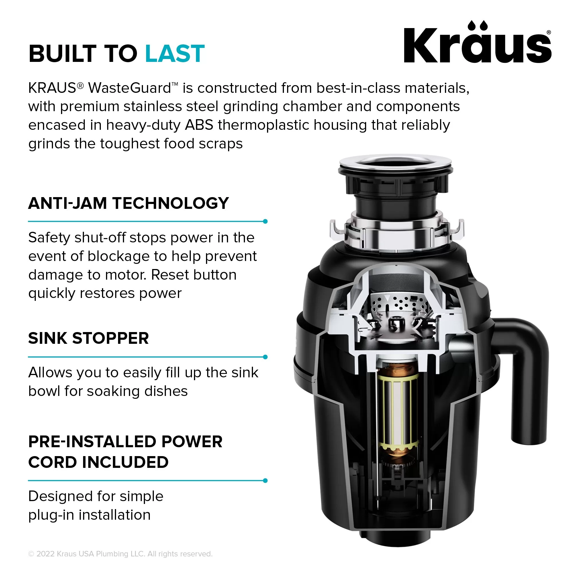 Kraus KWD100-100MBL WasteGuard Corded 1-HP Continuous Feed Noise Insulation Garbage Disposal - Image 8