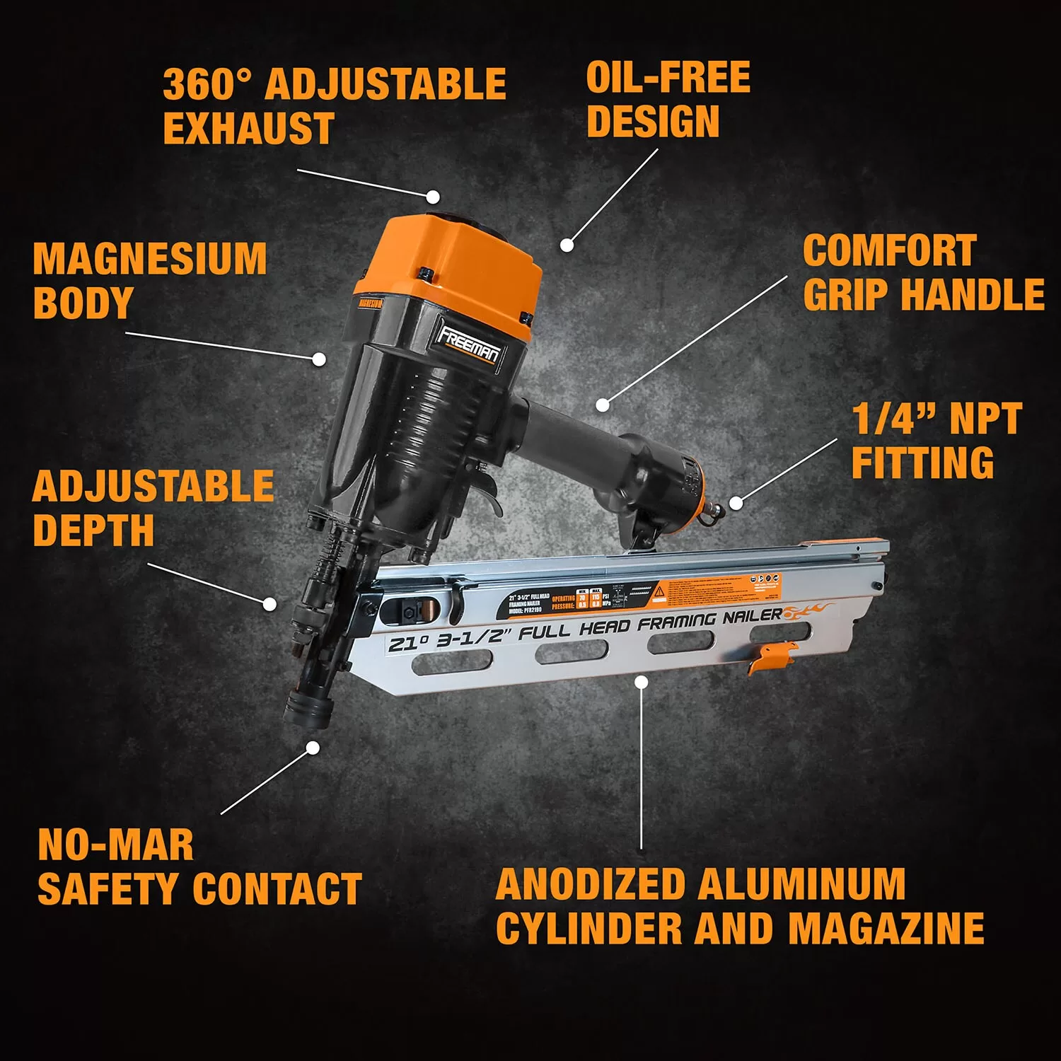 FREEMAN Full Round Head, include plastic Case 3.5-in 21-Degree Pneumatic Framing Nailer - Image 8