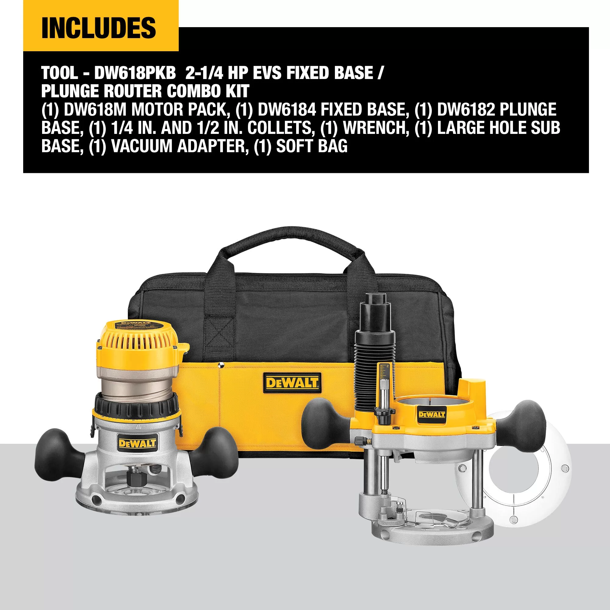 DEWALT DW618PKB 1/4-in and 1/2-in-Amp 2.25-HP Variable Speed Combo Fixed/Plunge Corded Router Soft Case (Tool Only) - Image 7