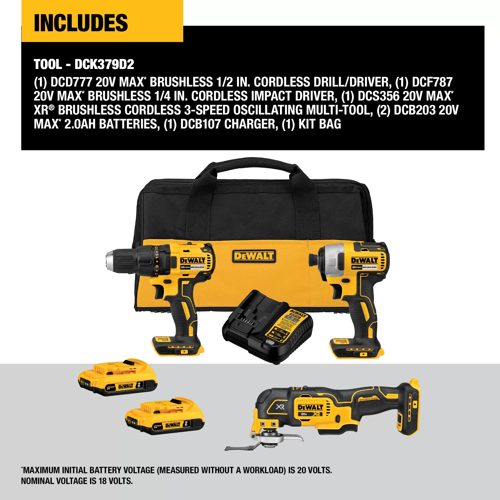 DEWALT DCK379D2 3-Tool 20-Volt Max Brushless Power Tool Combo Kit with Soft Case (2-Batteries and charger Included) - Image 15