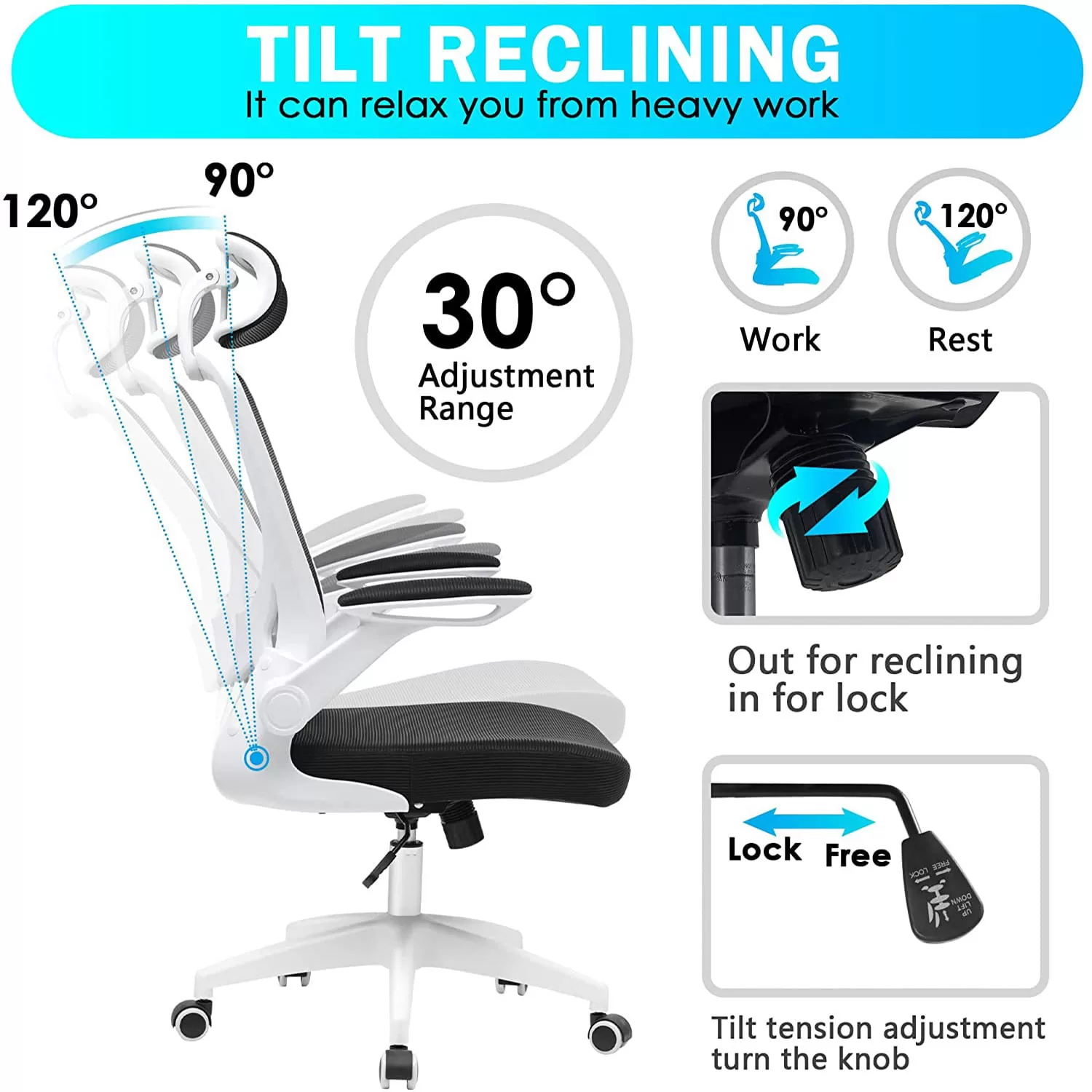 Ergonomic Office Chair, Coolhut Breathable Mesh Desk Chair with Headrest and Flip-up Arms (White)