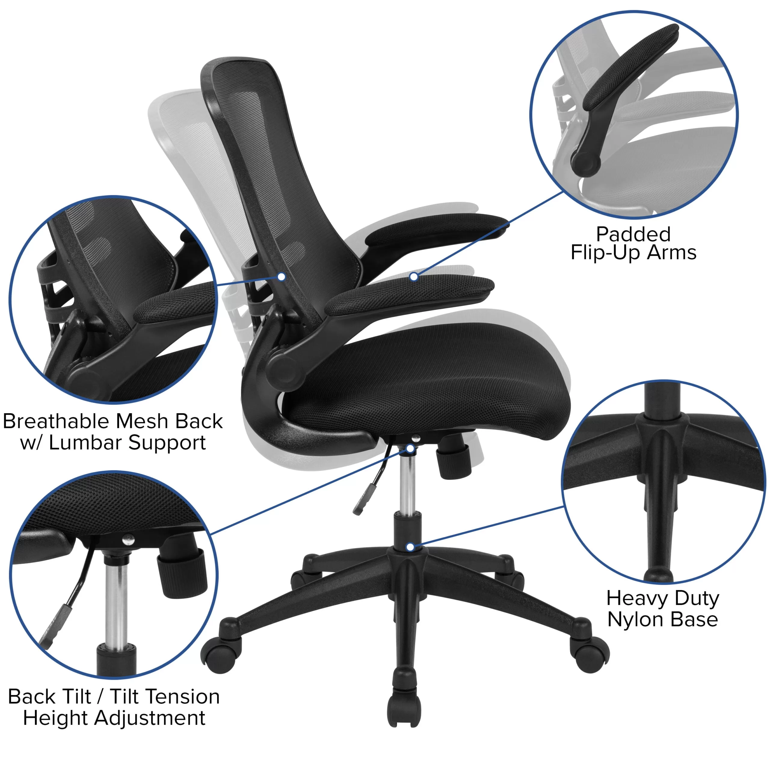 Flash Furniture Kelista Mid-Back Black Mesh Swivel Ergonomic Task Office Chair with Flip-Up Arms, BIFMA Certified