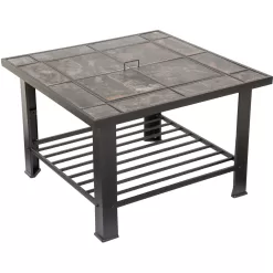 Fire Pit Table – 30-Inch Square Wood Burning Bonfire Pit with Marble Tile Edge, Spark Screen, Tile Fire Bowl Cover, Log Poker by Pure Garden (Black)