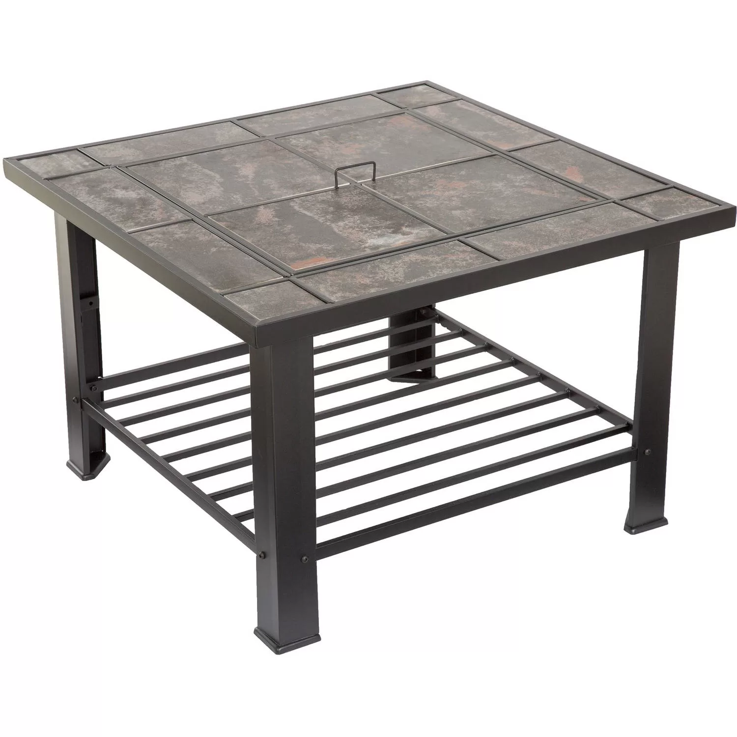 Fire Pit Table – 30-Inch Square Wood Burning Bonfire Pit with Marble Tile Edge, Spark Screen, Tile Fire Bowl Cover, Log Poker by Pure Garden (Black)