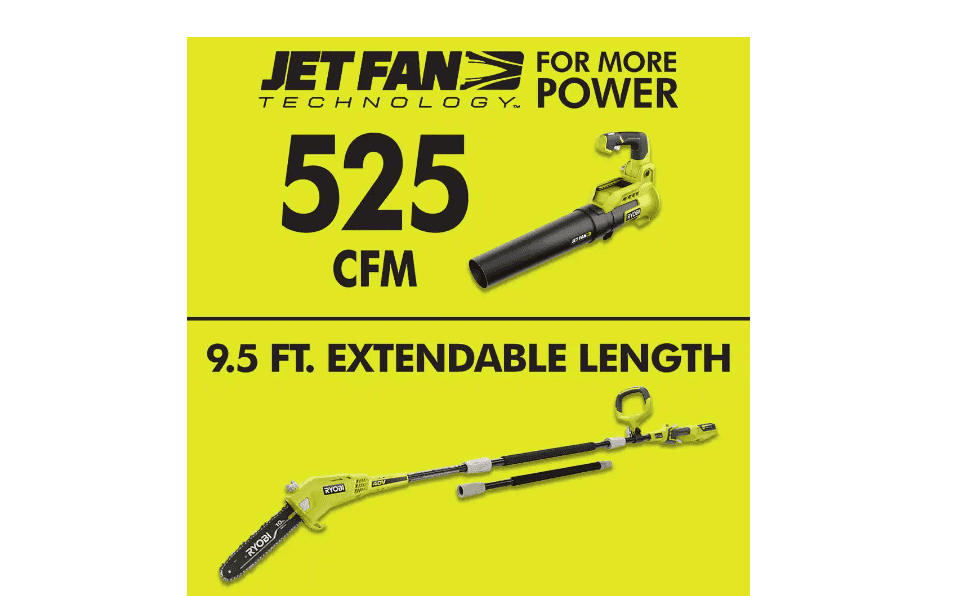 RYOBI RY40480VNM-PS 40V 110 MPH 525 CFM Jet Fan Leaf Blower and 10 in. Pole Saw with 4.0 Ah Battery and Charger