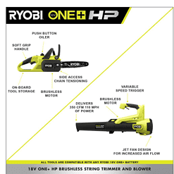 RYOBI P2520-BLW ONE+ HP 18V Brushless 10 in. Cordless Battery Chainsaw and 110 MPH 350 CFM Leaf Blower with 4.0 Ah Battery and Charger