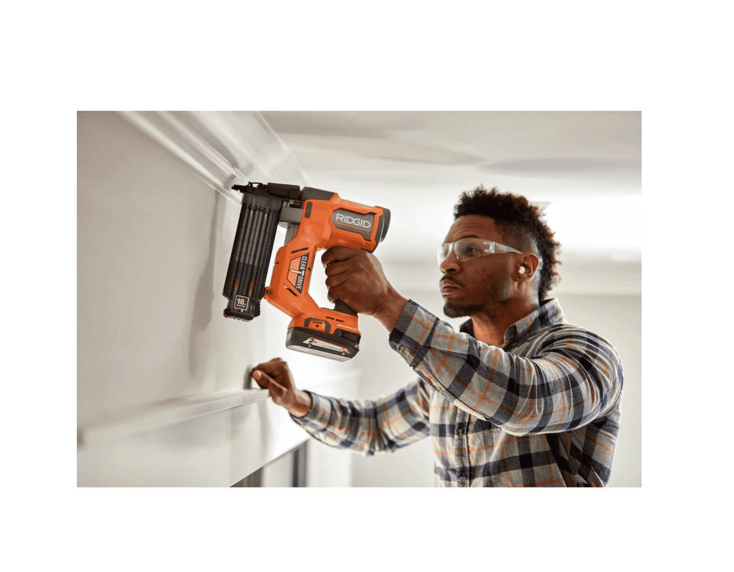 RIDGID R09891B-AC8400802 18V Brushless Cordless 18-Gauge 2-1/8 in. Brad Nailer with CLEAN DRIVE Technology with 18V 2.0 Ah Lithium-Ion Battery