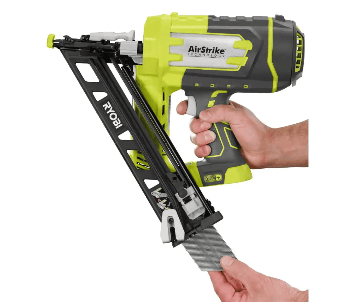 RYOBI P330 ONE+ 18V Lithium-Ion Cordless AirStrike 15-Gauge Angled Finish Nailer (Tool Only) with Sample Nails