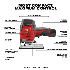 Milwaukee 2415-20-2445-20-48-11-2460 M12 12V Lithium-Ion Cordless 3/8 in. Right Angle Drill with M12 Cordless Jig Saw and 6.0 Ah XC Battery Pack