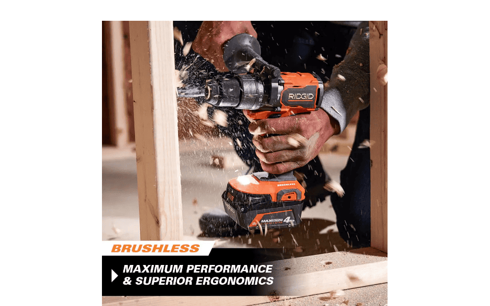 RIDGID R86115K 18V Brushless Cordless 1/2 in. Hammer Drill/Driver Kit with 4.0 Ah MAX Output Battery, 18V Charger, and Tool Bag