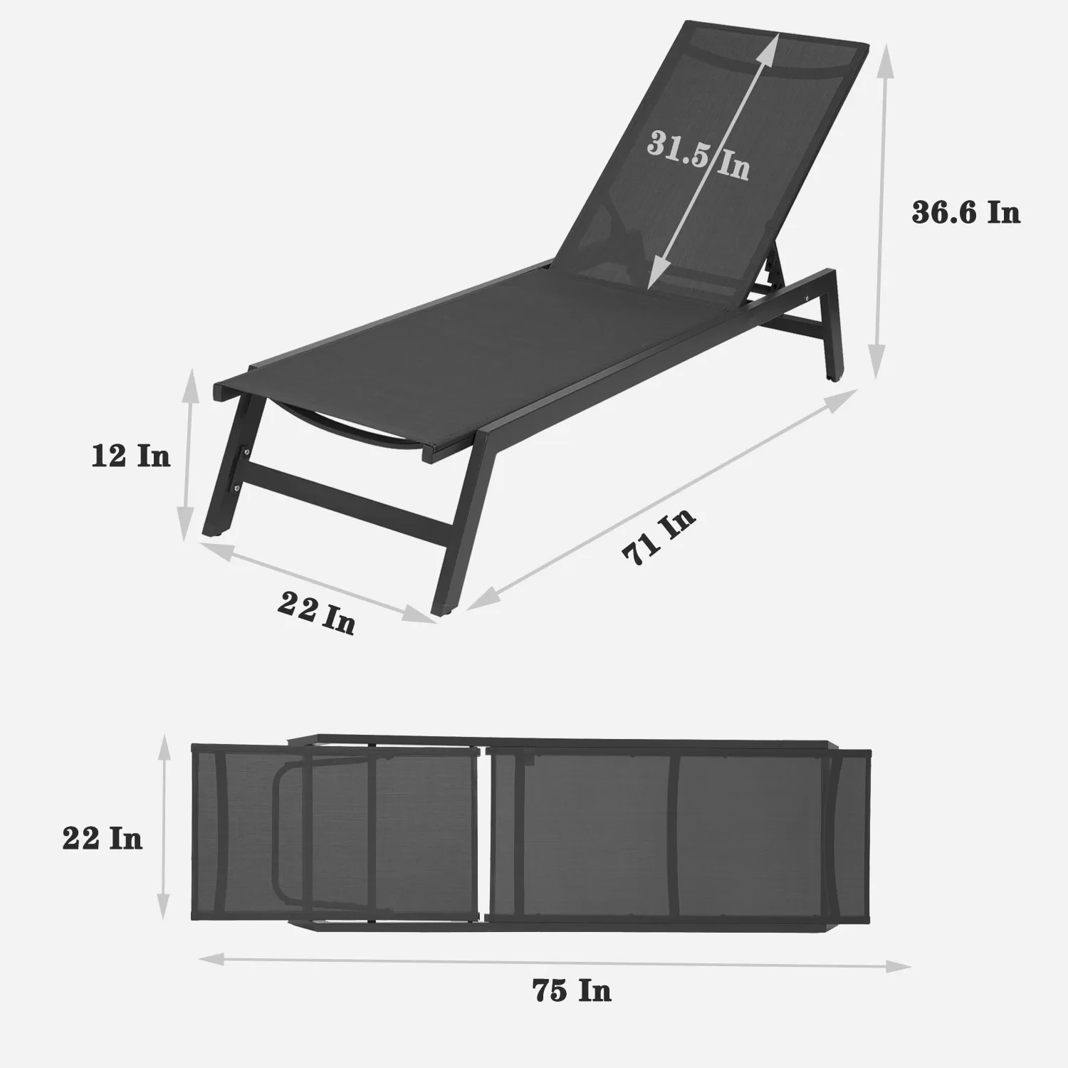 Clihome Patio Chair Metal Frame Stationary Chaise Lounge Chair(s) with Black Textilene Sling Seat - Image 9