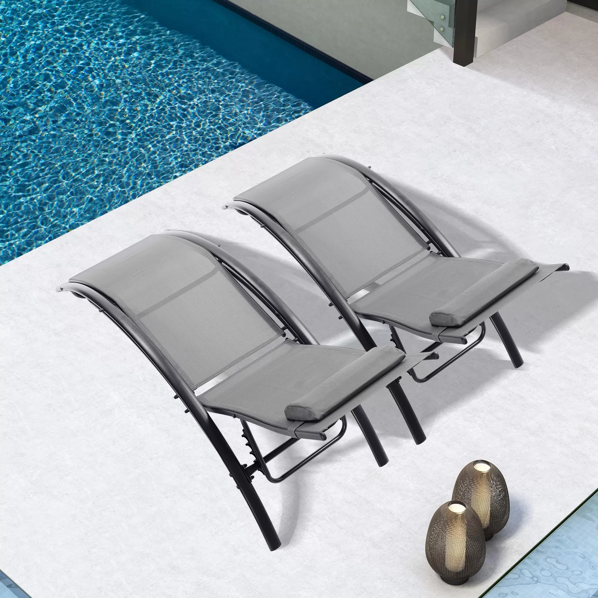 Clihome Patio Chair Set of 2 Metal Frame Stationary Chaise Lounge Chair(s) with Gray Textilene Sling Seat - Image 3