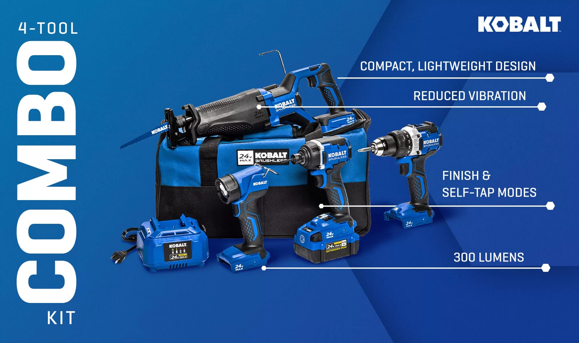 Kobalt 4-Tool 24-volt Max Brushless Power Tool Combo Kit with Soft Case (1 Li-ion Battery Included and Charger Included) - Image 2