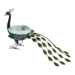 Wind & Weather Vibrant Metal Peacock Birdbath with Glass Bowl