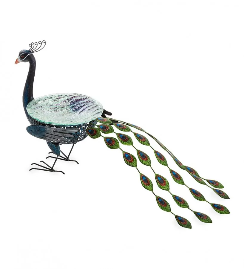 Wind & Weather Vibrant Metal Peacock Birdbath with Glass Bowl