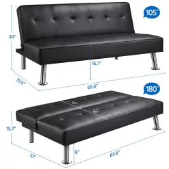 Easyfashion Convertible Black Faux Leather Futon Sofa Bed, Black