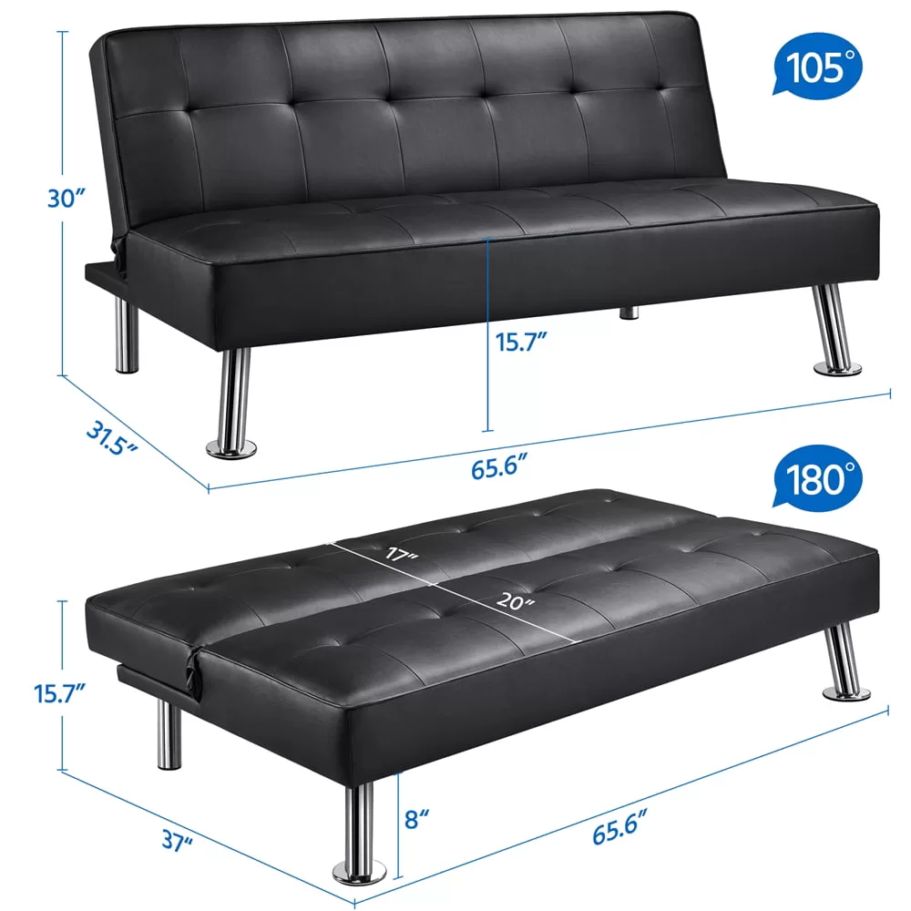 Easyfashion Convertible Black Faux Leather Futon Sofa Bed, Black