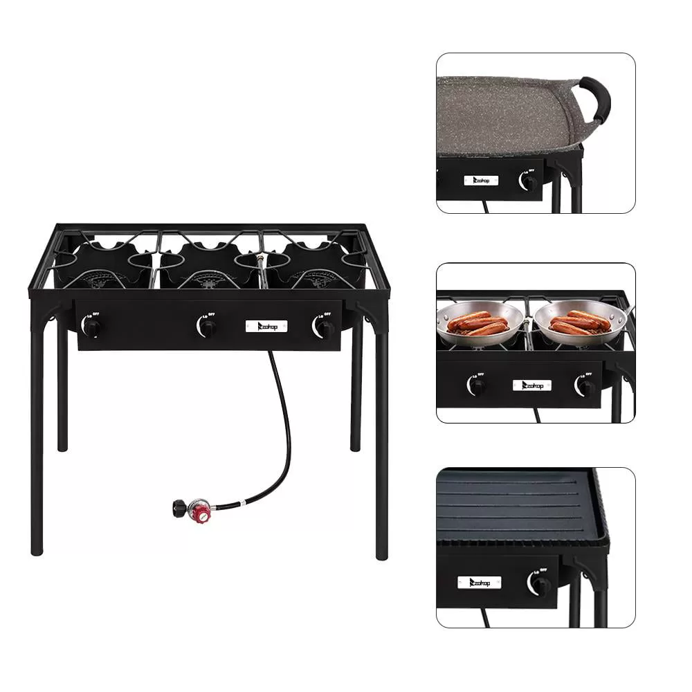 UBesGoo Portable 3 Burner Propane 225,000BTU Outdoor Stove with Adjustable Legs, Black