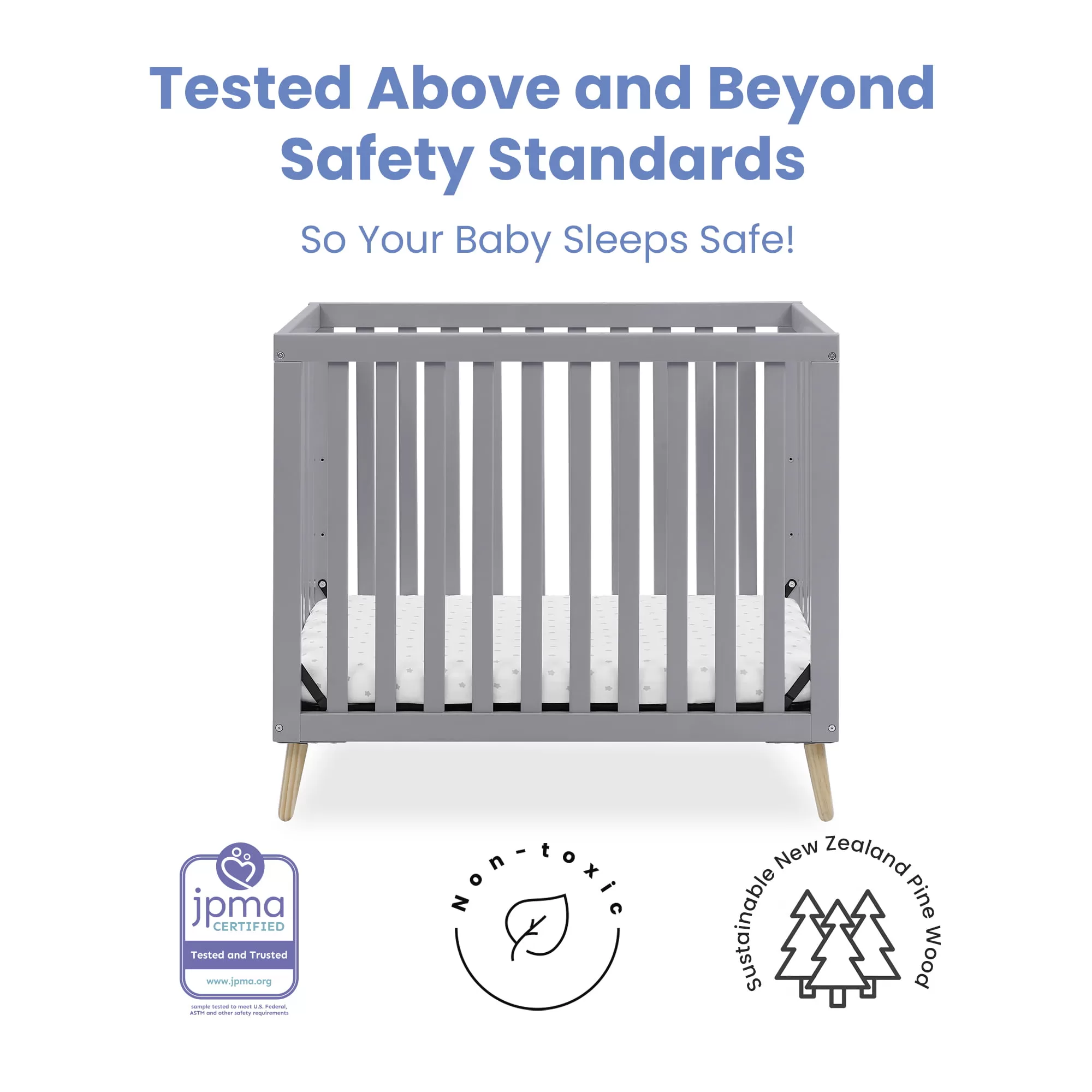 Delta Children Essex Convertible Mini Baby Crib with Mattress, Grey/Natural