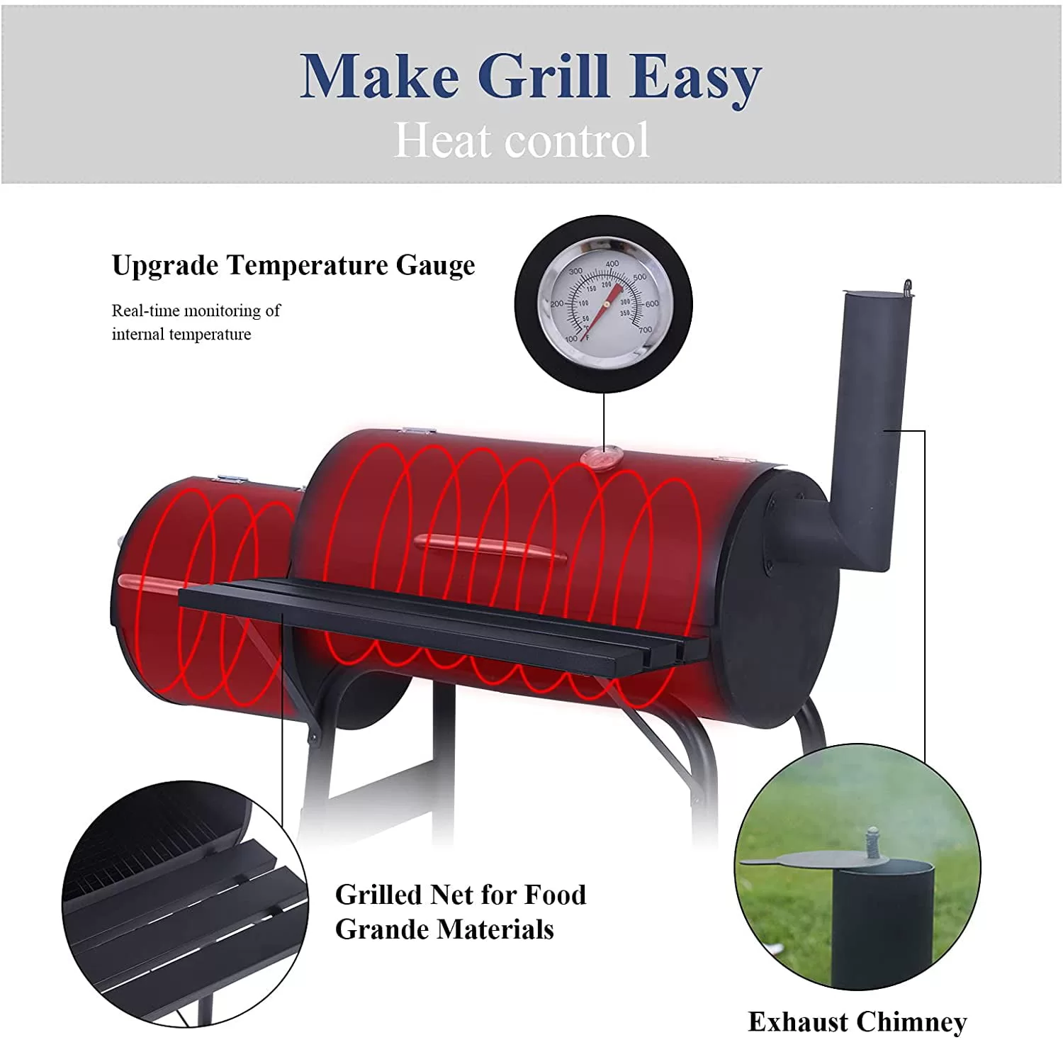 SKONYON Outdoor Portable BBQ Charcoal Grill with Offset Smoker, Black