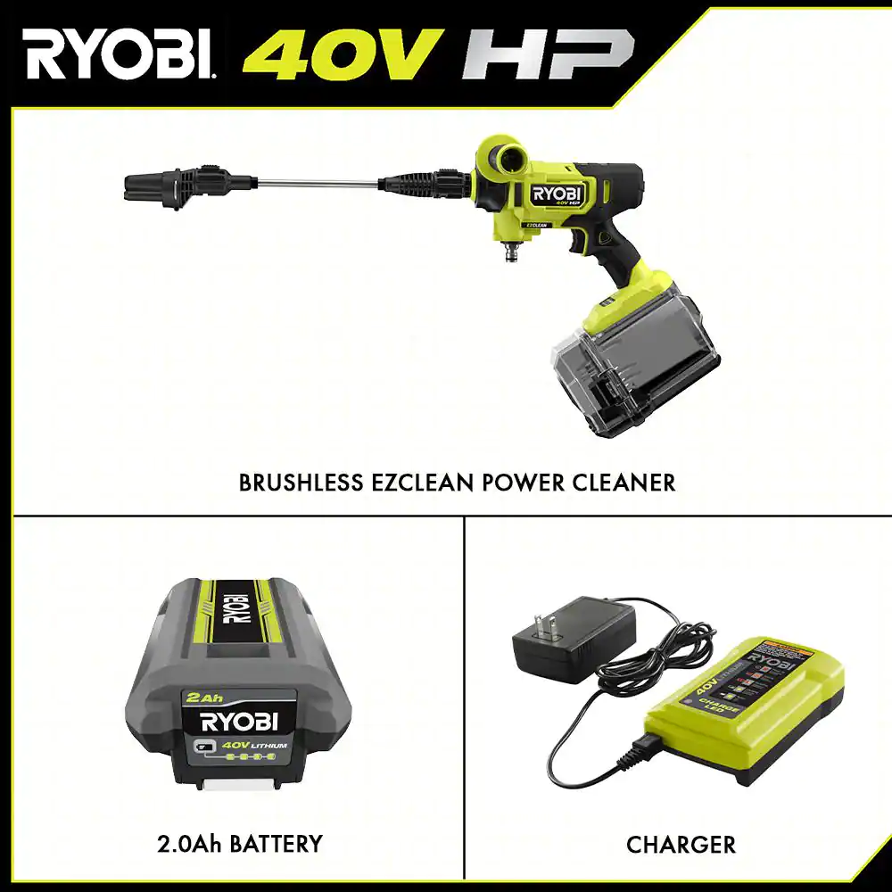 RYOBI RY124052KVNM 40-Volt HP Brushless EZClean 600 PSI 0.7 GPM Cold Water Power Cleaner with 2.0 Ah Battery and Charger