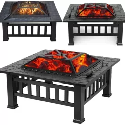 Ash Fire Pit - Square Outdoor Wood Burning and Grill for Camping and Picnic - Portable Steel Frame with Legs, Mesh Cover, Poker - Bonfire and Cooking in The Patio, Deck, Garden, Backyard