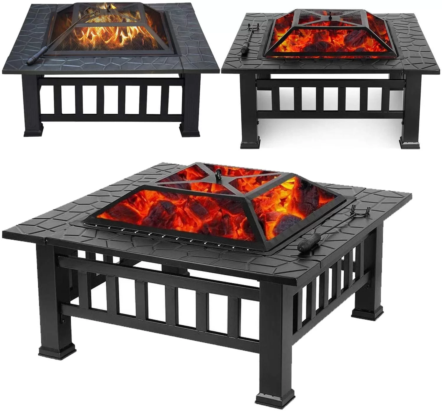 Ash Fire Pit - Square Outdoor Wood Burning and Grill for Camping and Picnic - Portable Steel Frame with Legs, Mesh Cover, Poker - Bonfire and Cooking in The Patio, Deck, Garden, Backyard