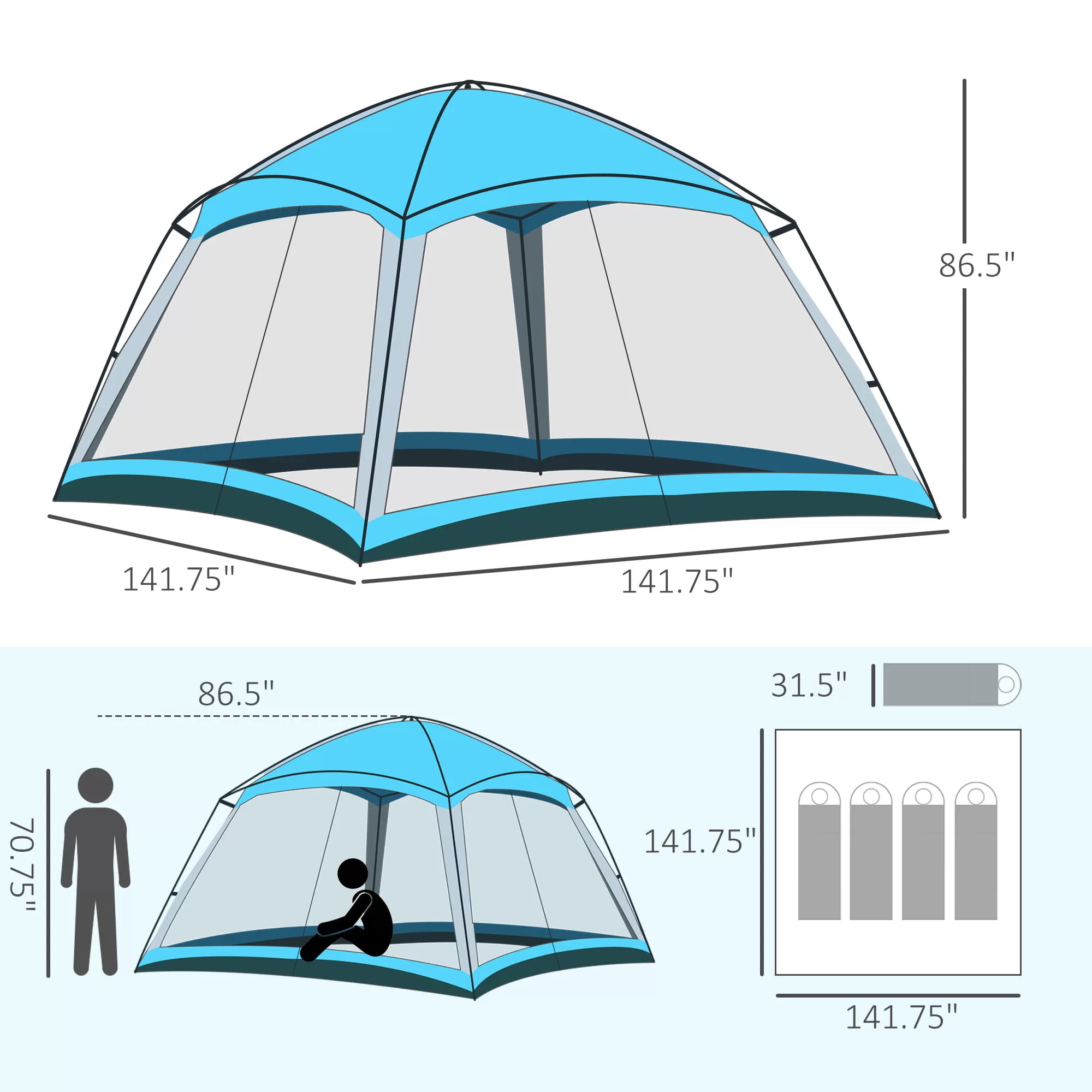 Outsunny 12' x 12' Screen House Room, 8 Person Camping Tent w/ Carry Bag and 4 Mesh Walls for Hiking, Backpacking, and Traveling, Easy Set Up