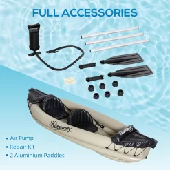 Outsunny 2 Person Inflatable Kayak, Includes Paddles, Repair Kit, Portable Tandem Blow Up Boat, Beige