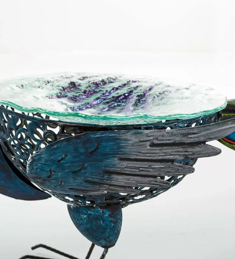 Wind & Weather Vibrant Metal Peacock Birdbath with Glass Bowl