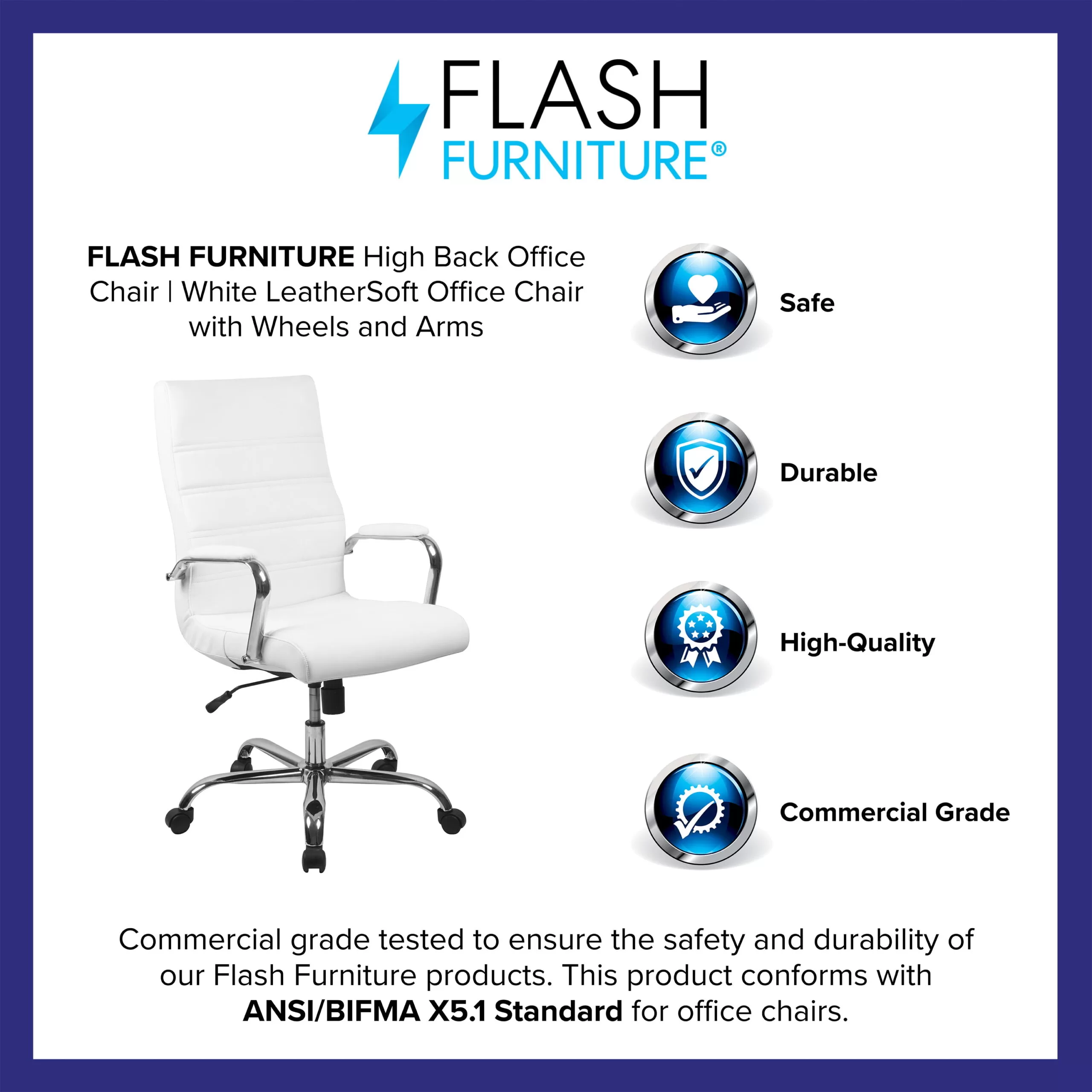 Flash Furniture High Back White LeatherSoft Executive Swivel Office Chair with Chrome Frame and Arms