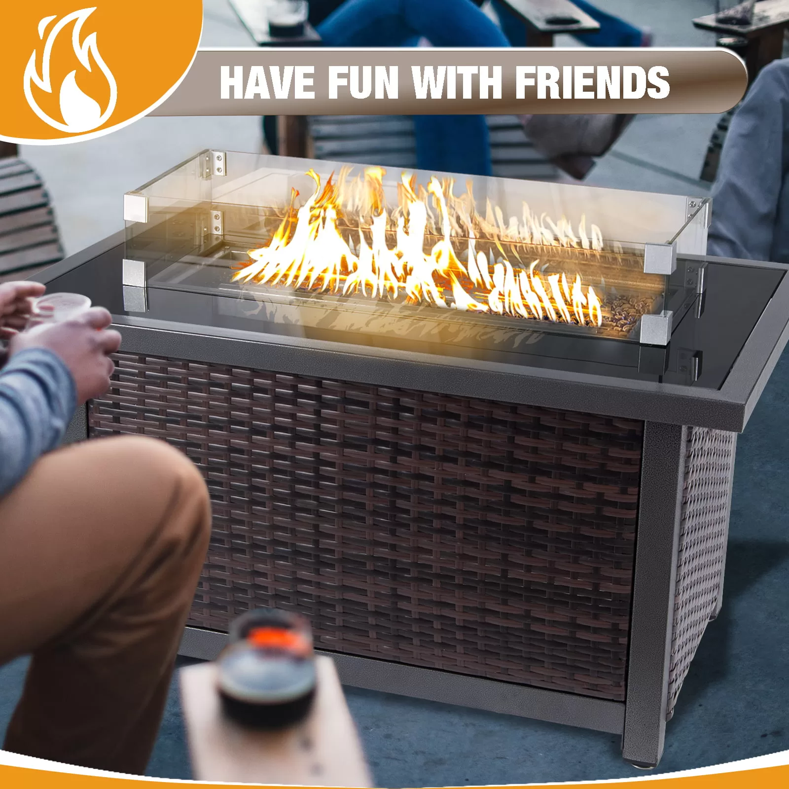 Polar Aurora 44inch Outdoor Propane Fire Pit Table, 50,000 BTU Auto-Ignition Wicker Rattan Patio Gas Fire Pit for Outside Garden/Patio