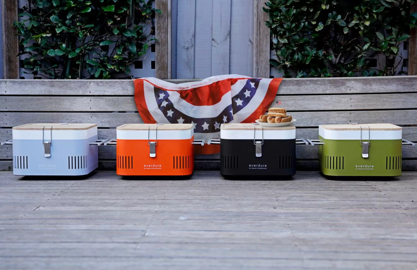 Everdure CUBE Charcoal Grill with Cool Touch Handles, Storage Container & Bamboo Serving Board