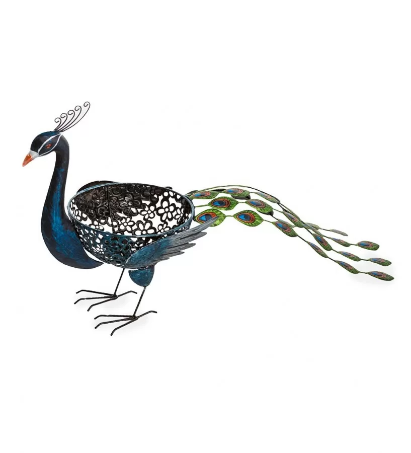 Wind & Weather Vibrant Metal Peacock Birdbath with Glass Bowl