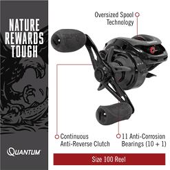 Quantum Smoke Baitcast Fishing Reel, Size 100 Reel, Right-Hand Retrieve, Large EVA Handle Knobs and Continuous Anti-Reverse Clutch, 10+1 Bearings, 5.1:1 Gear Ratio, Black